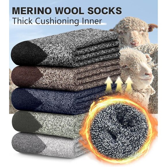 5 Pairs Merino Wool Socks for Men, Thick Warm Hiking Socks, Wool Winter Socks, S - Picture 2 of 6